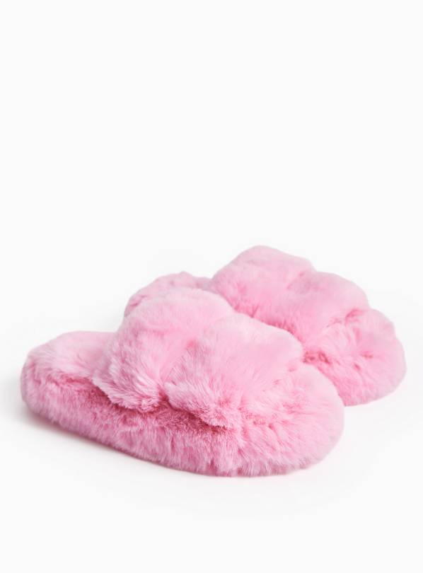 Pink Plush Double Strap Mule Slippers S